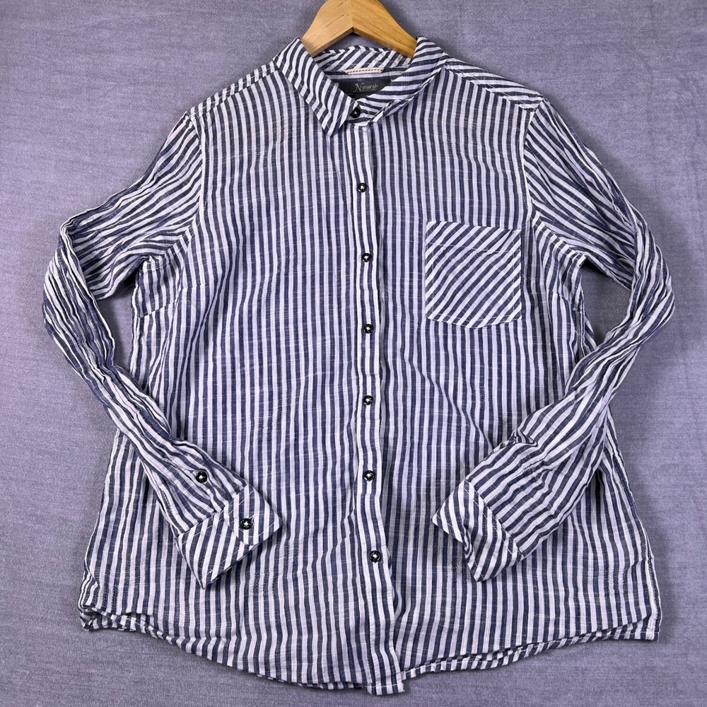 Natural Reflections Striped Button Front Shirt Womens Large Blue White Cotton